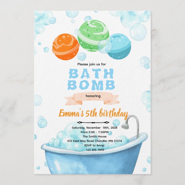 Invitación a la fiesta de bombas de baño (Anverso)