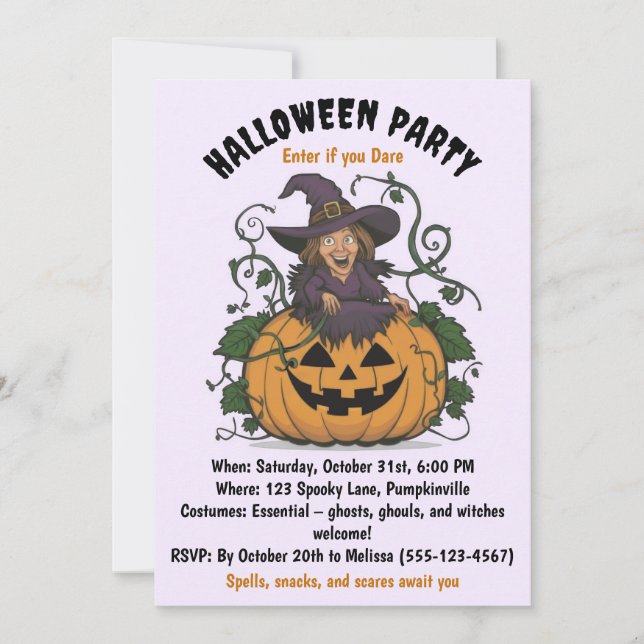 Invitación a la fiesta de brujas de Halloween (Anverso)