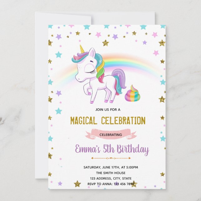 invitación a la fiesta de caca de unicornio (Anverso)