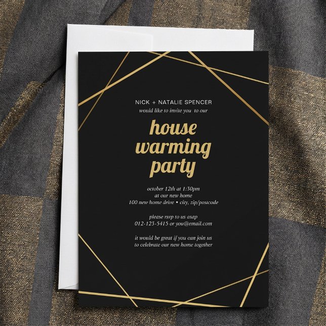 Invitación a la fiesta de calentamiento de la casa (Geometric gold House warming party invitation.)