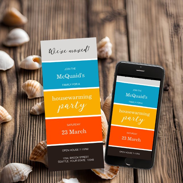 Invitación a la fiesta de calentamiento de la Casa (House Warming Party Invitation in orange, yellow and blue)