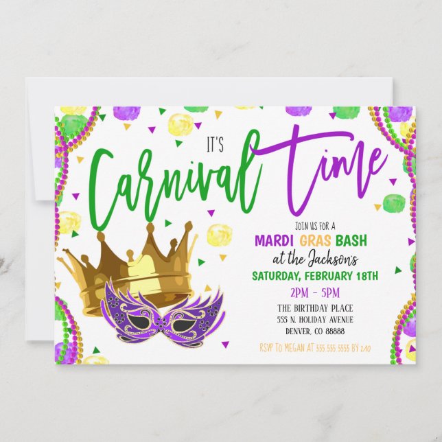 Invitación a la fiesta de carnaval de Mardi Gras (Anverso)