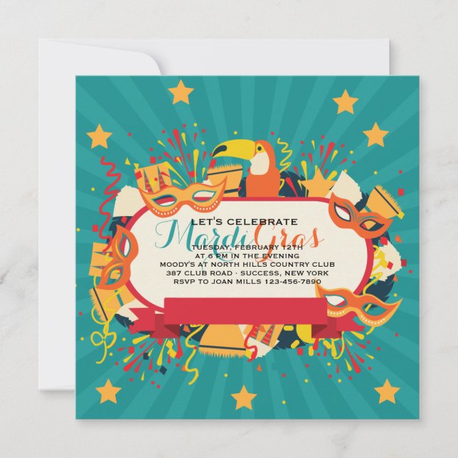 Invitación a la fiesta de carnaval de Mardi Gras (Anverso)