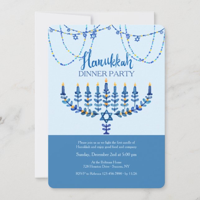 Invitación a la fiesta de cena de Hanukkah (Anverso)