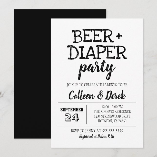 Invitación a la fiesta de cerveza y pañales | Blan (Anverso / Reverso)
