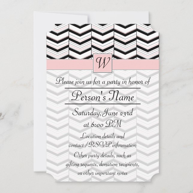 Invitación a la fiesta de Chevron en blanco negro  (Anverso)