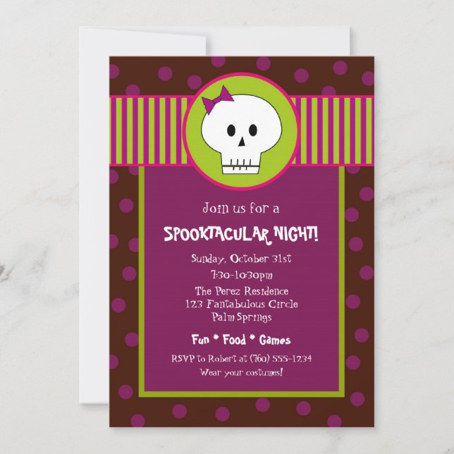 Invitación a la fiesta de Chica Skeleton Halloween (Anverso)