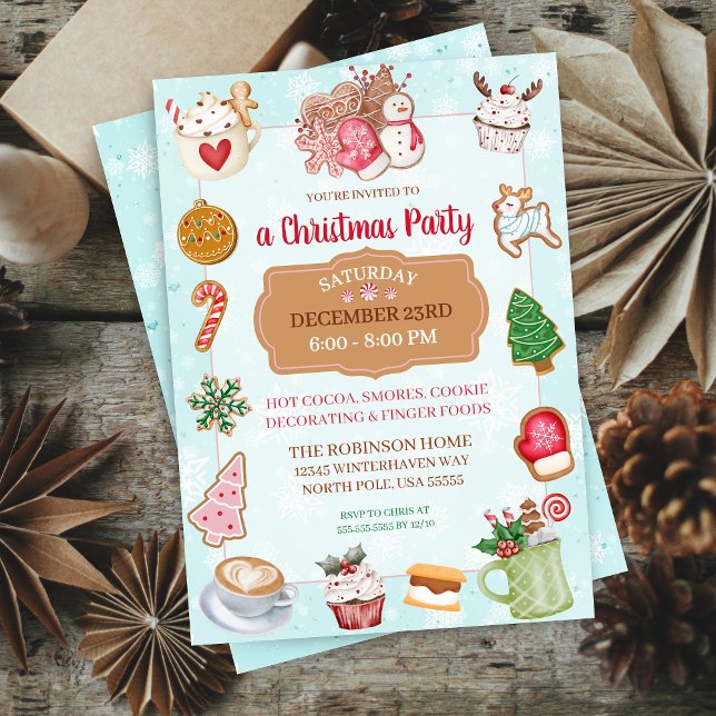 Invitación a la fiesta de chocolate caliente para  (Cute mint green aqua and pink theme christmas party invitation for cookie decorating smores holiday)