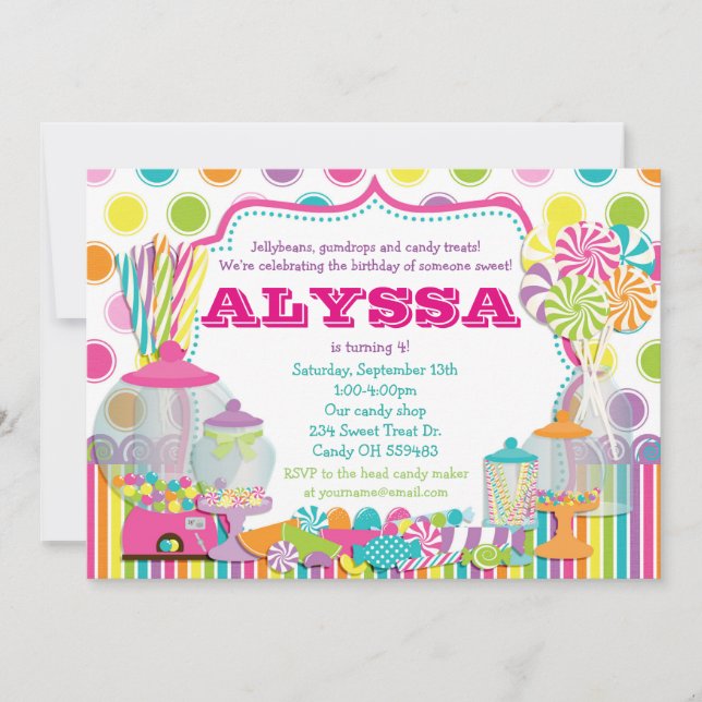 Invitación a la fiesta de compras de dulces y pelu (Anverso)