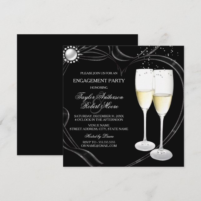 Invitación a la fiesta de compromiso con champán y (Anverso / Reverso)