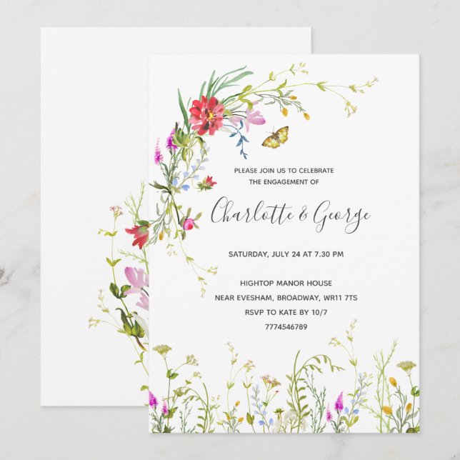 Invitación a la fiesta de compromiso con las flore (Anverso / Reverso)