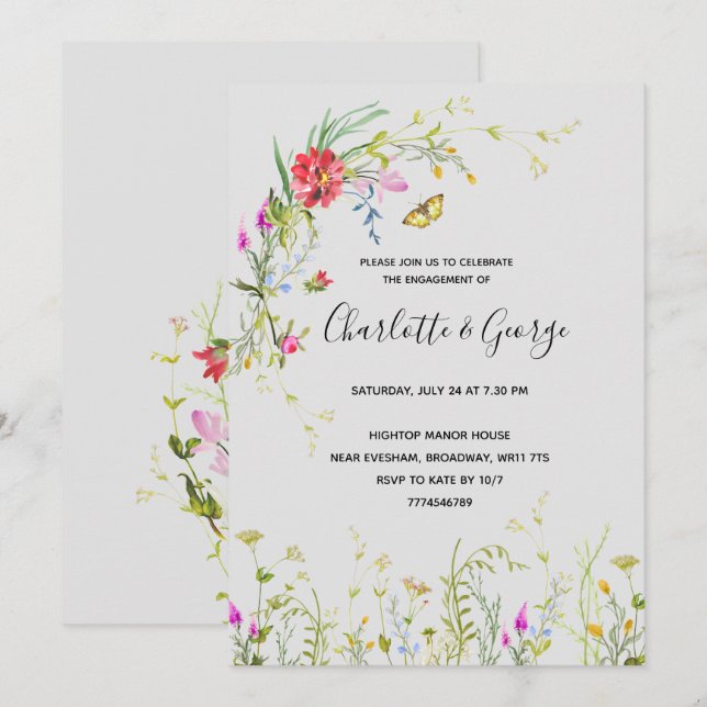 Invitación a la fiesta de compromiso con las flore (Anverso / Reverso)