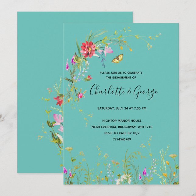 Invitación a la fiesta de compromiso con las flore (Anverso / Reverso)