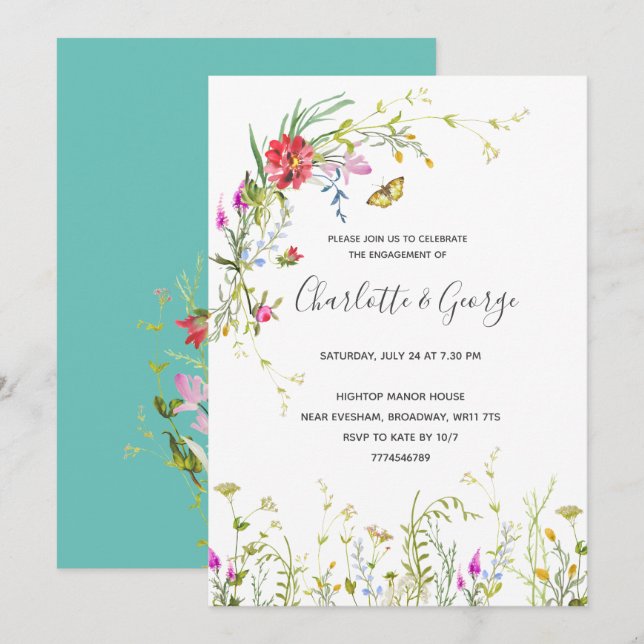 Invitación a la fiesta de compromiso con las flore (Anverso / Reverso)