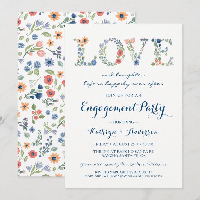 Invitación a la fiesta de compromiso de amor flora (Anverso / Reverso)
