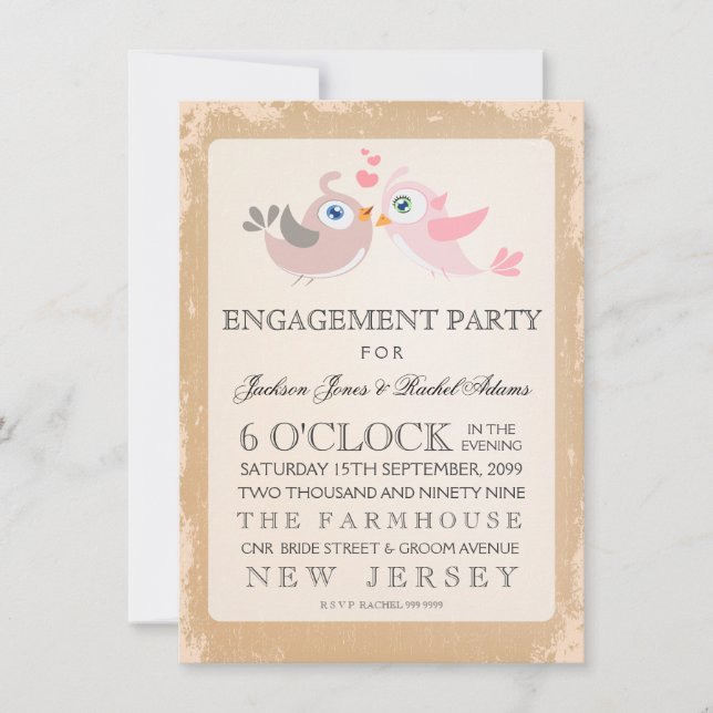 Invitación a la fiesta de compromiso de aves rusti (Anverso)