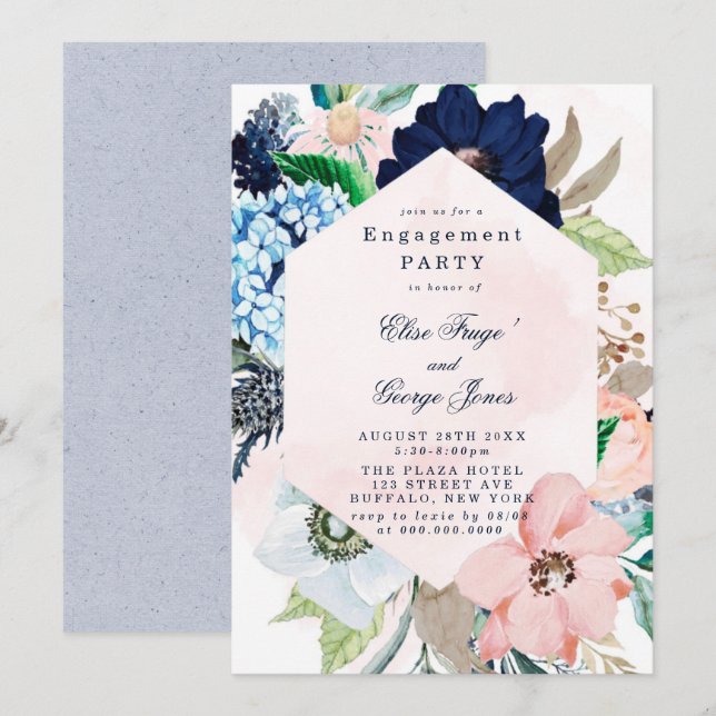 Invitación a la fiesta de compromiso de floral ros (Anverso / Reverso)