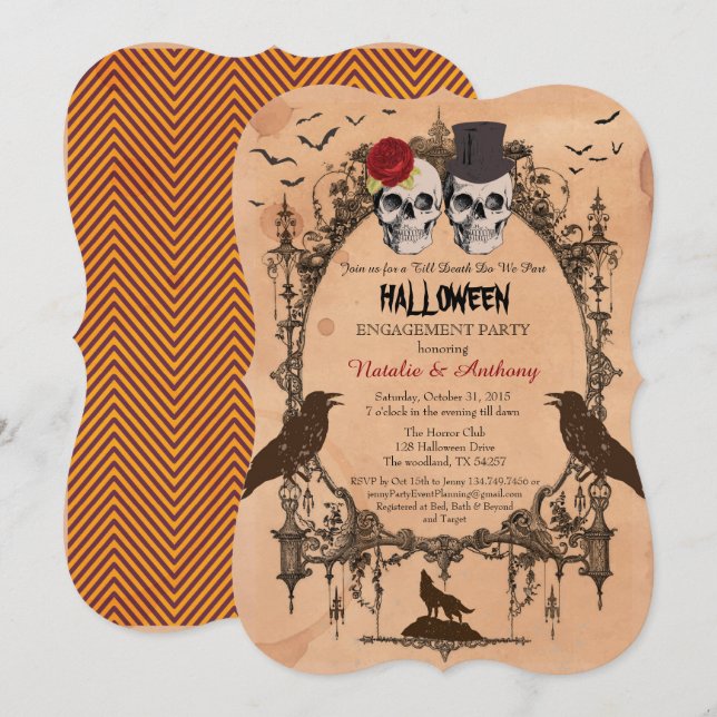 Invitación a la fiesta de compromiso de Halloween. (Anverso / Reverso)