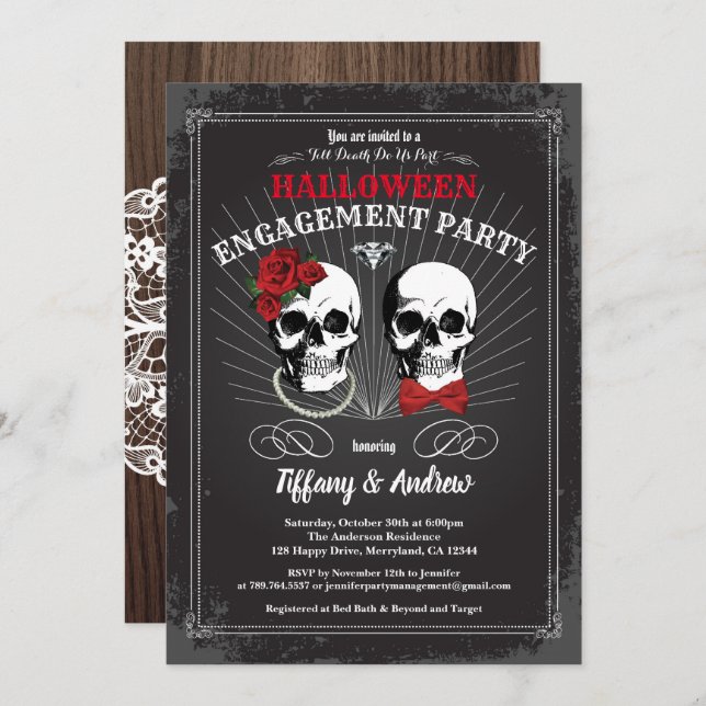 Invitación a la fiesta de compromiso de Halloween. (Anverso / Reverso)
