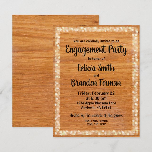 Invitación a la fiesta de compromiso de madera rús (Anverso / Reverso)