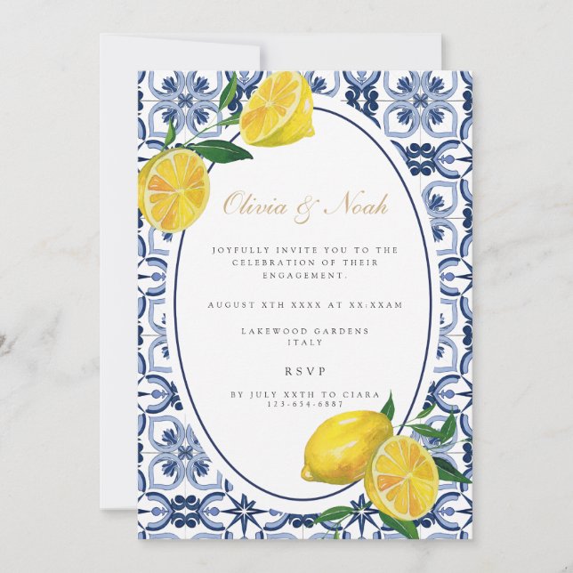 Invitación a la fiesta de compromiso de mosaicos m (Anverso)