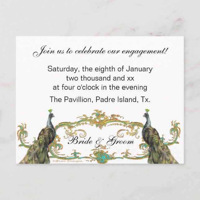 Invitación a la Fiesta de compromiso de Peacock y  (Anverso)