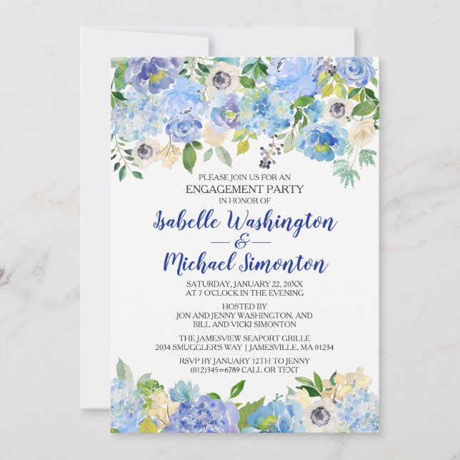 Invitación a la fiesta de compromiso floral azul y (Anverso)