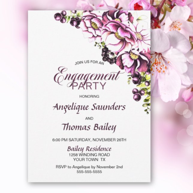 Invitación a la fiesta de compromiso floral rosada (Subido por el creador)