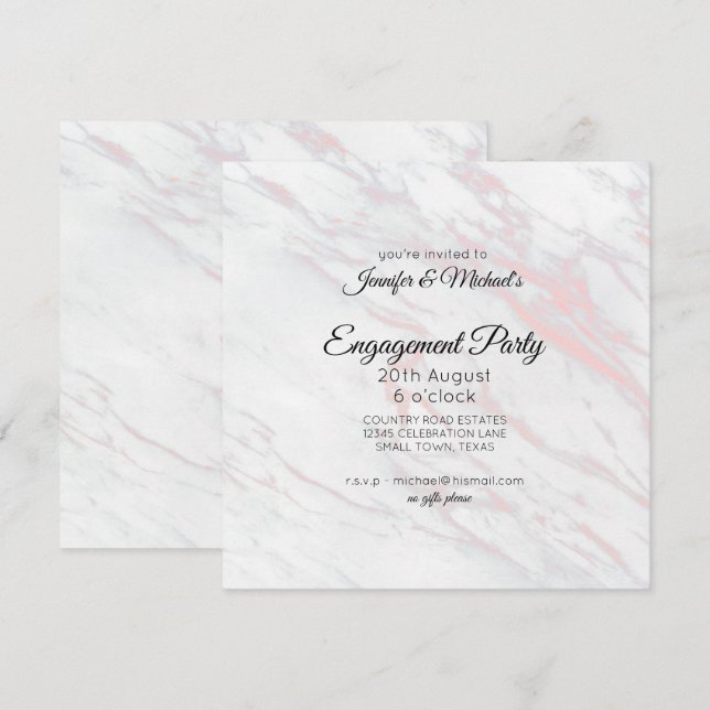 Invitación a la fiesta de compromiso mármol rosa y (Anverso / Reverso)