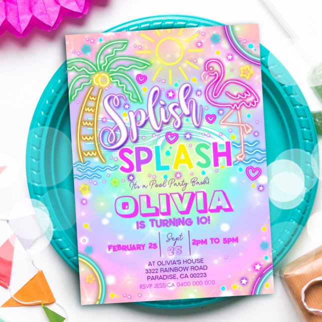 Invitación a la fiesta de congresos Neon Splish Sp (Neon Splish Splash Pool Party Invitation)