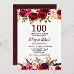 Invitación a la fiesta de cumpleaños 100 de la flo<br><div class="desc">Invitación a la fiesta de cumpleaños número 100 de la floral roja borgoñona Ver colección coincidente en la tienda de nichos y nidos</div>