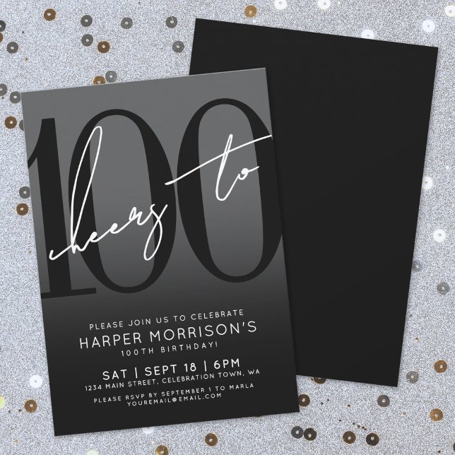 Invitación a la fiesta de cumpleaños 100 de los ne (Modern Black 100th Birthday Party Invitation)