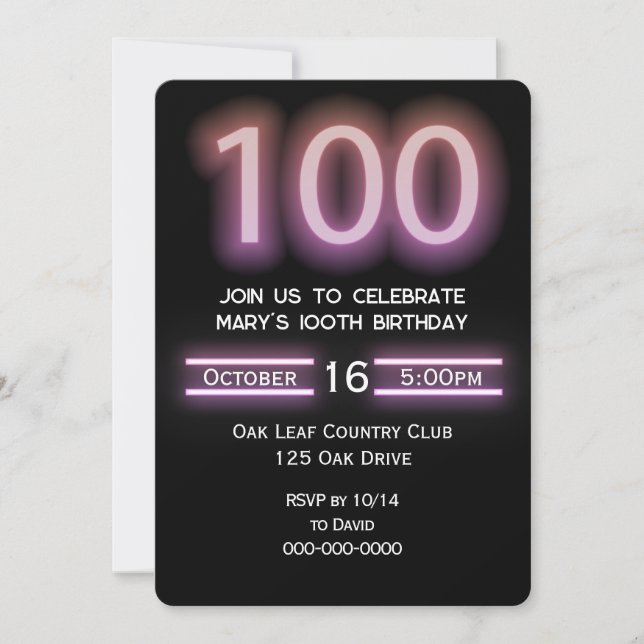 Invitación a la fiesta de cumpleaños 100 del Neon  (Anverso)