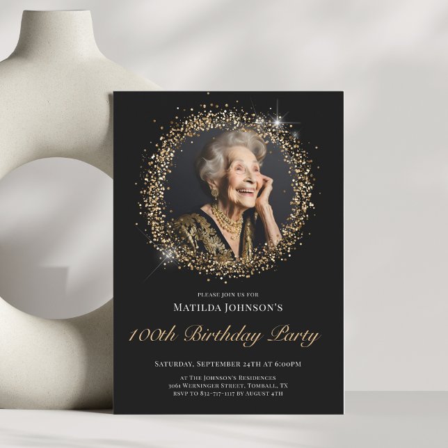Invitación a la fiesta de cumpleaños 100 del purpu (Glitter Black Gold 100th Birthday Party Invitation)