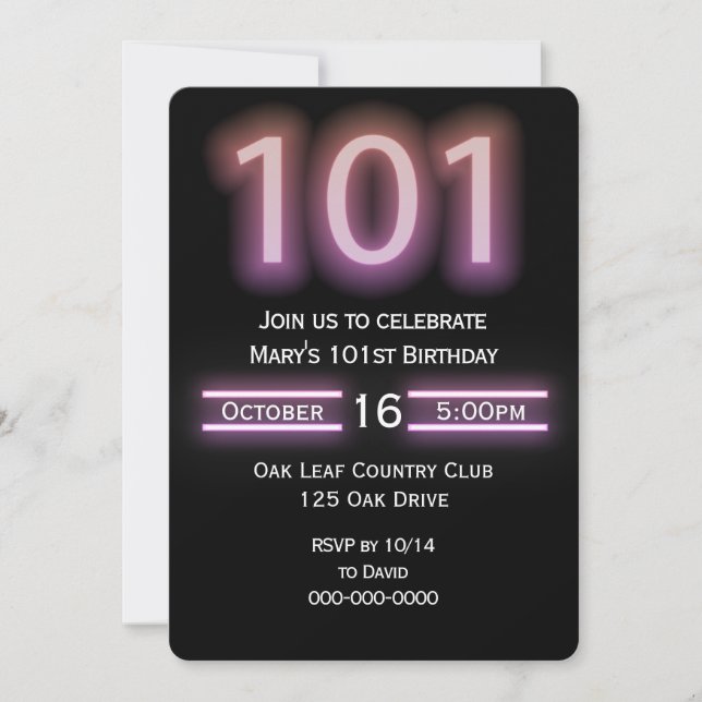 Invitación a la fiesta de cumpleaños 101 del Neon  (Anverso)