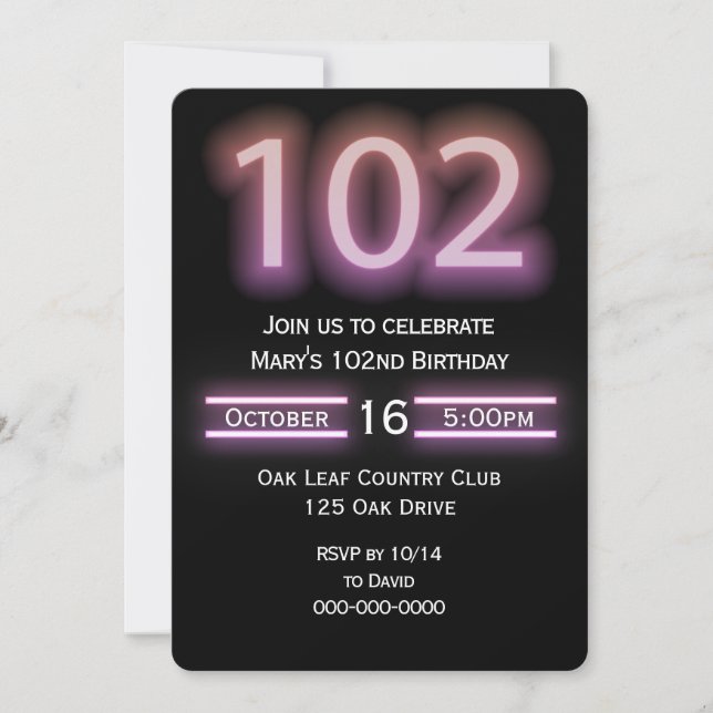 Invitación a la fiesta de cumpleaños 102 del Neon  (Anverso)