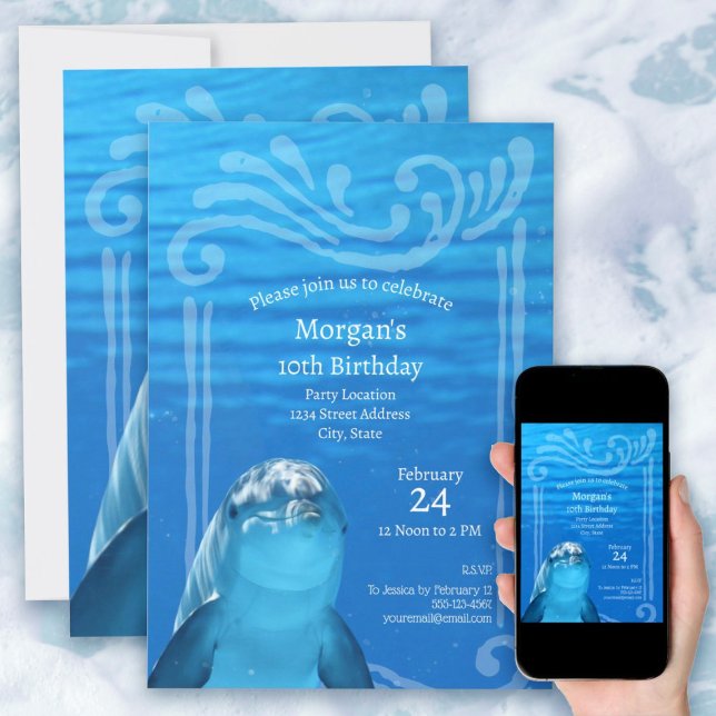 Invitación a la fiesta de cumpleaños 10 del Dolphi (Under the Sea Birthday Party Dolphin Blue Ocean 10th Birthday Party Invitation. Any age template.)