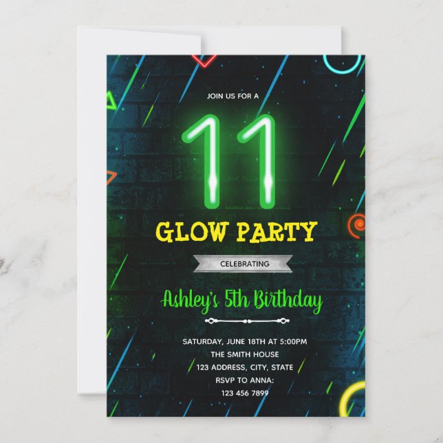 Invitación a la fiesta de cumpleaños 11 Glow (Anverso)