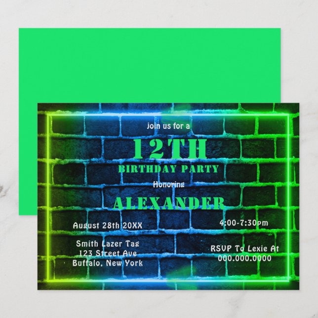 Invitación a la fiesta de cumpleaños 12 de Neon Gr (Anverso / Reverso)