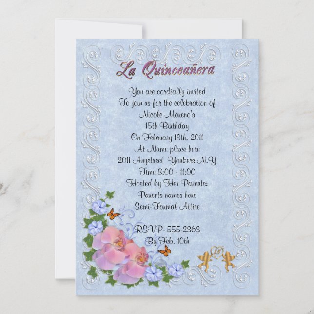 Invitación a la fiesta de cumpleaños 15 de La Quin (Anverso)