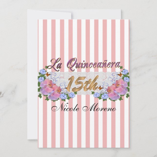 Invitación a la fiesta de cumpleaños 15 de La Quin (Anverso)