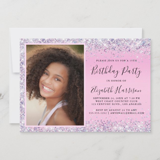 Invitación a la fiesta de cumpleaños 15 de Pink Ph (Anverso)