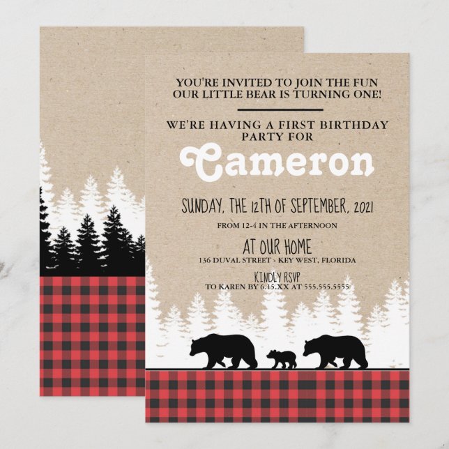 Invitación a la fiesta de cumpleaños 1 Bears Plaid (Anverso / Reverso)