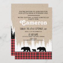 Invitación a la fiesta de cumpleaños 1 Bears Plaid
