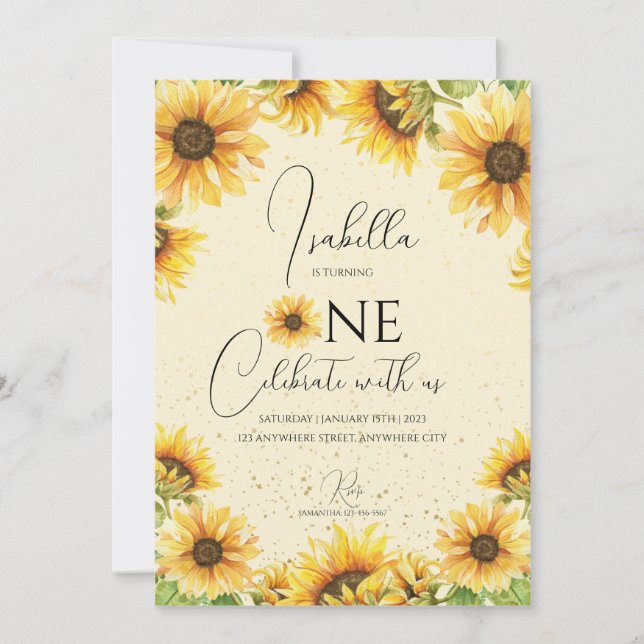 Invitación a la fiesta de cumpleaños 1 de girasol (Anverso)