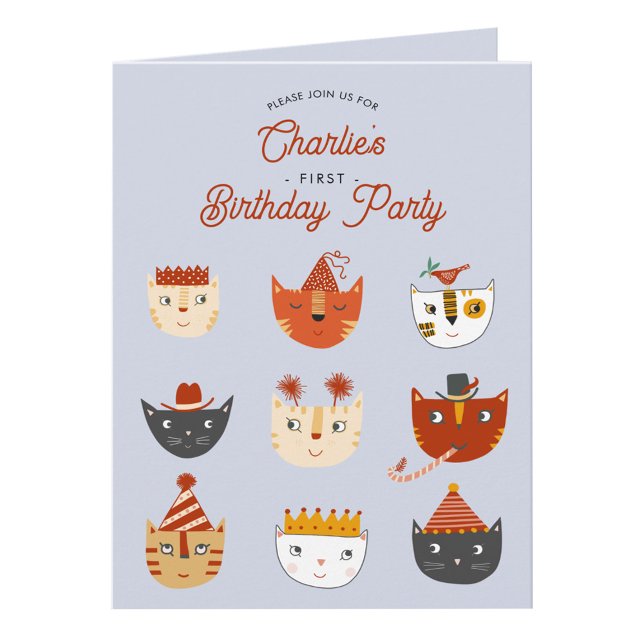 Invitación a la fiesta de cumpleaños 1 personaliza (Fun kitty cat first birthday party invitation with custom text)