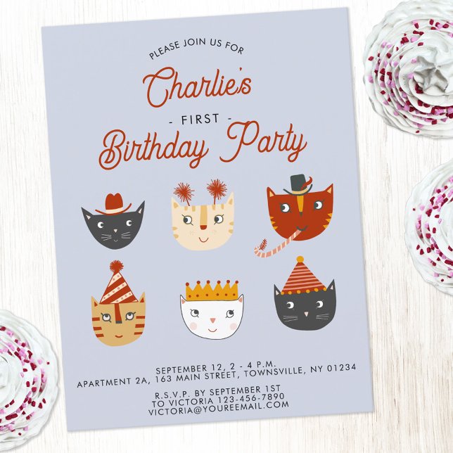 Invitación a la fiesta de cumpleaños 1 personaliza (Fun personalized kitty cat first birthday party invitation postcard)