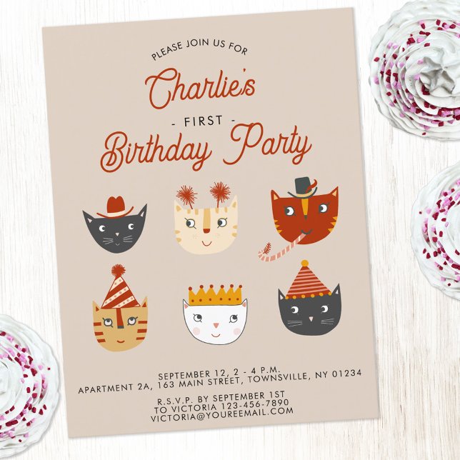 Invitación a la fiesta de cumpleaños 1 personaliza (Personalized cute cat first birthday party invitation)