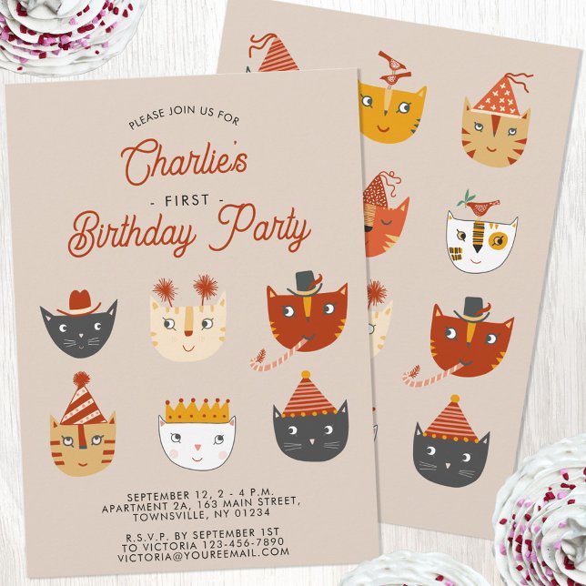 Invitación a la fiesta de cumpleaños 1 personaliza (Personalized cute kitty cat first birthday party invitation)