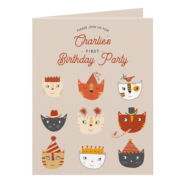 Invitación a la fiesta de cumpleaños 1 personaliza (Cute kitty cat personalized first birthday party invitation)